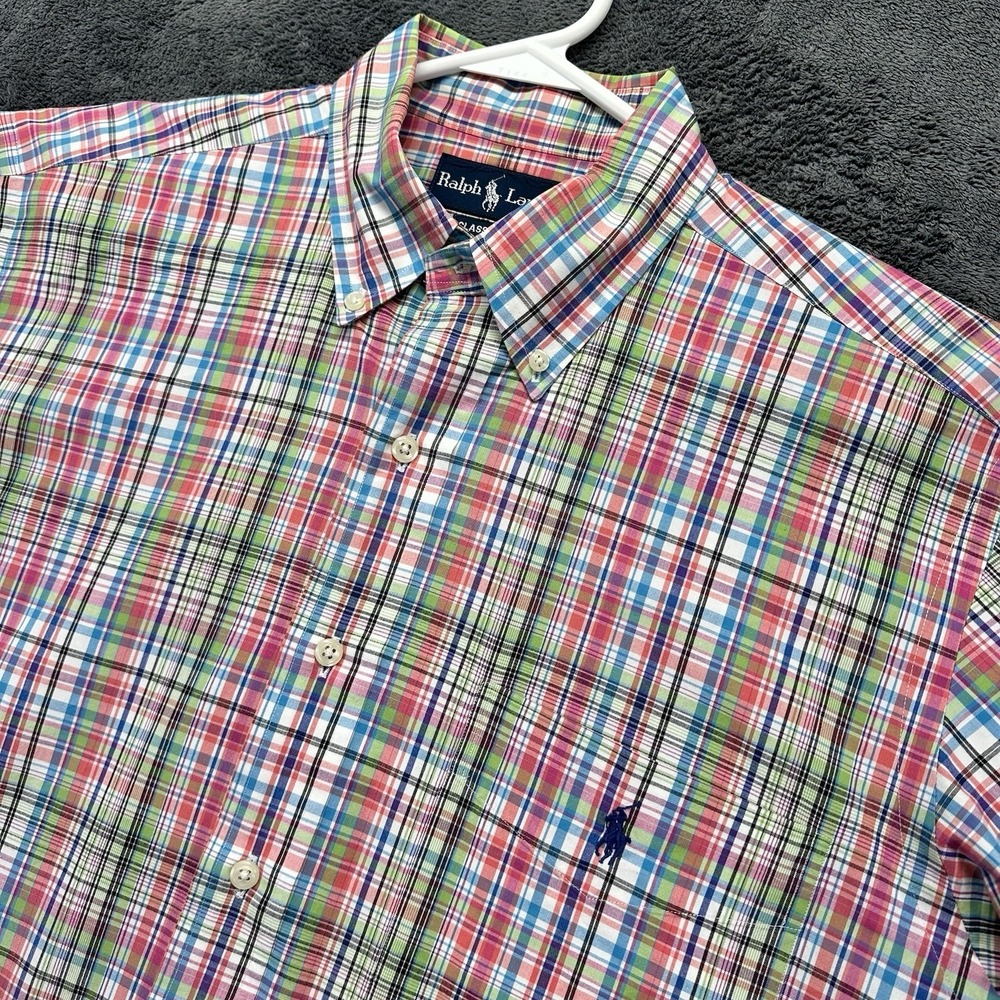 Ralph Lauren Button Down Shirt Mens Medium Madras Plaid Short Sleeve Preppy Polo